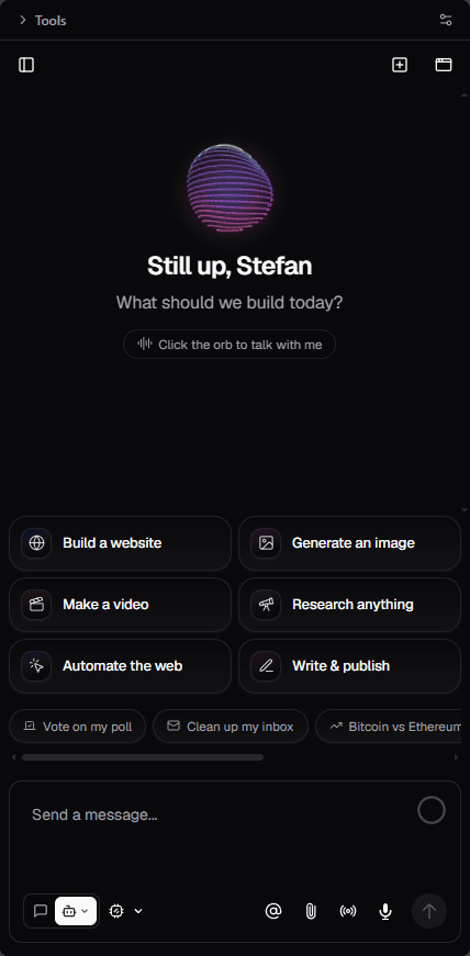 The Automatio AI side panel open in Chrome, with the tools strip, the agent chat and shortcuts for building a website, generating an image and automating the web.