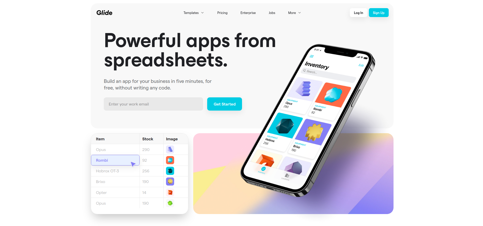 Glide turns spreadsheets into powerful apps for work, without writing any code. Pick a spreadsheet or start with a template, customize your app, then share it instantly with anyone