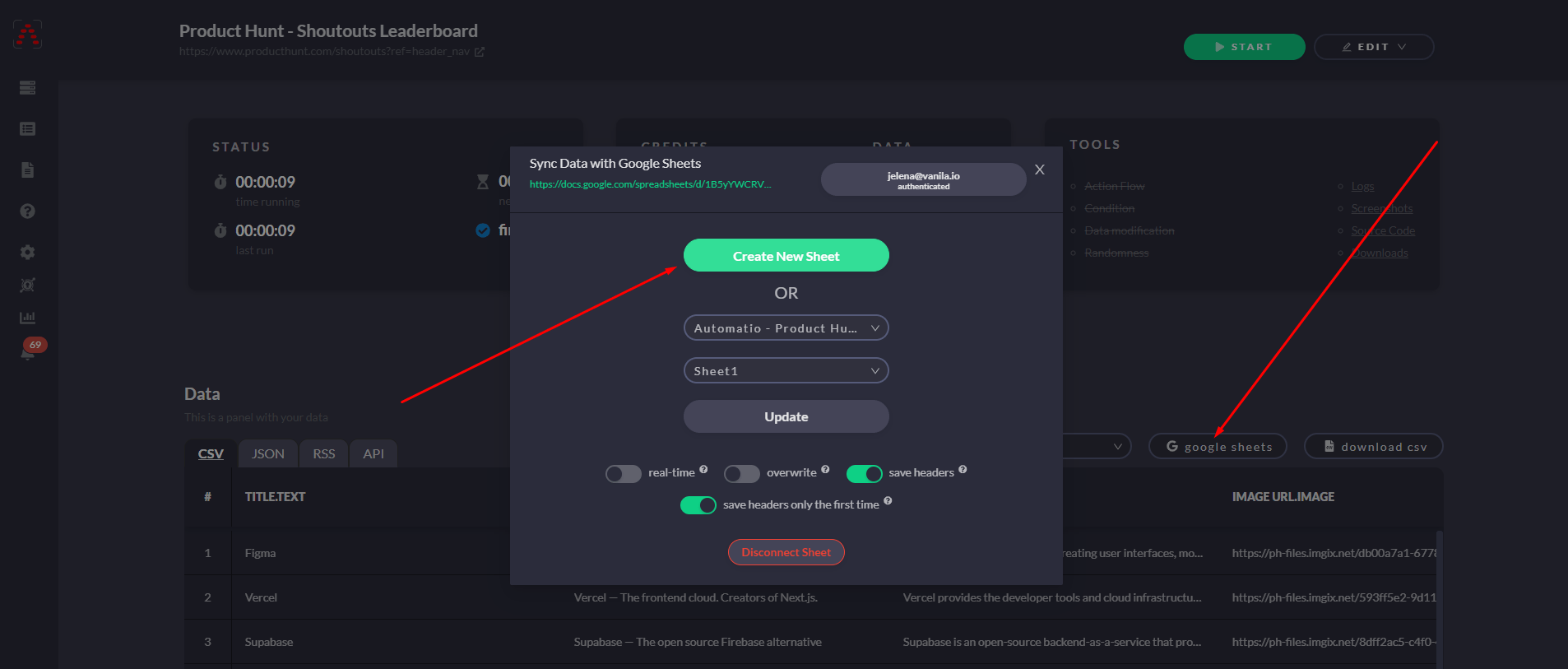 product hunt scraper - google sheet integration - automatio.ai