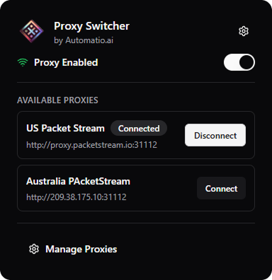 Proxy Switcher Manager Chrome extension interface